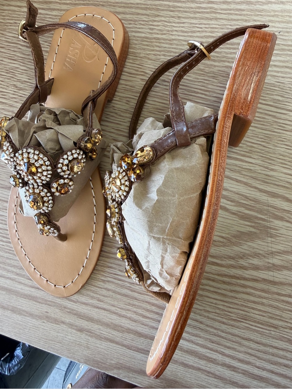 Pasha & Jo Taupe Jeweled Thong Sandals with Amber Crystals - Picture 2 of 6